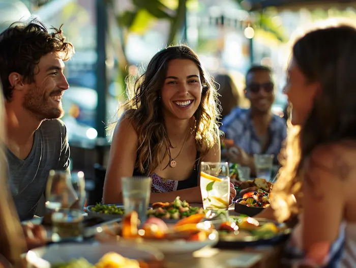 personas en una cevichería comiendo